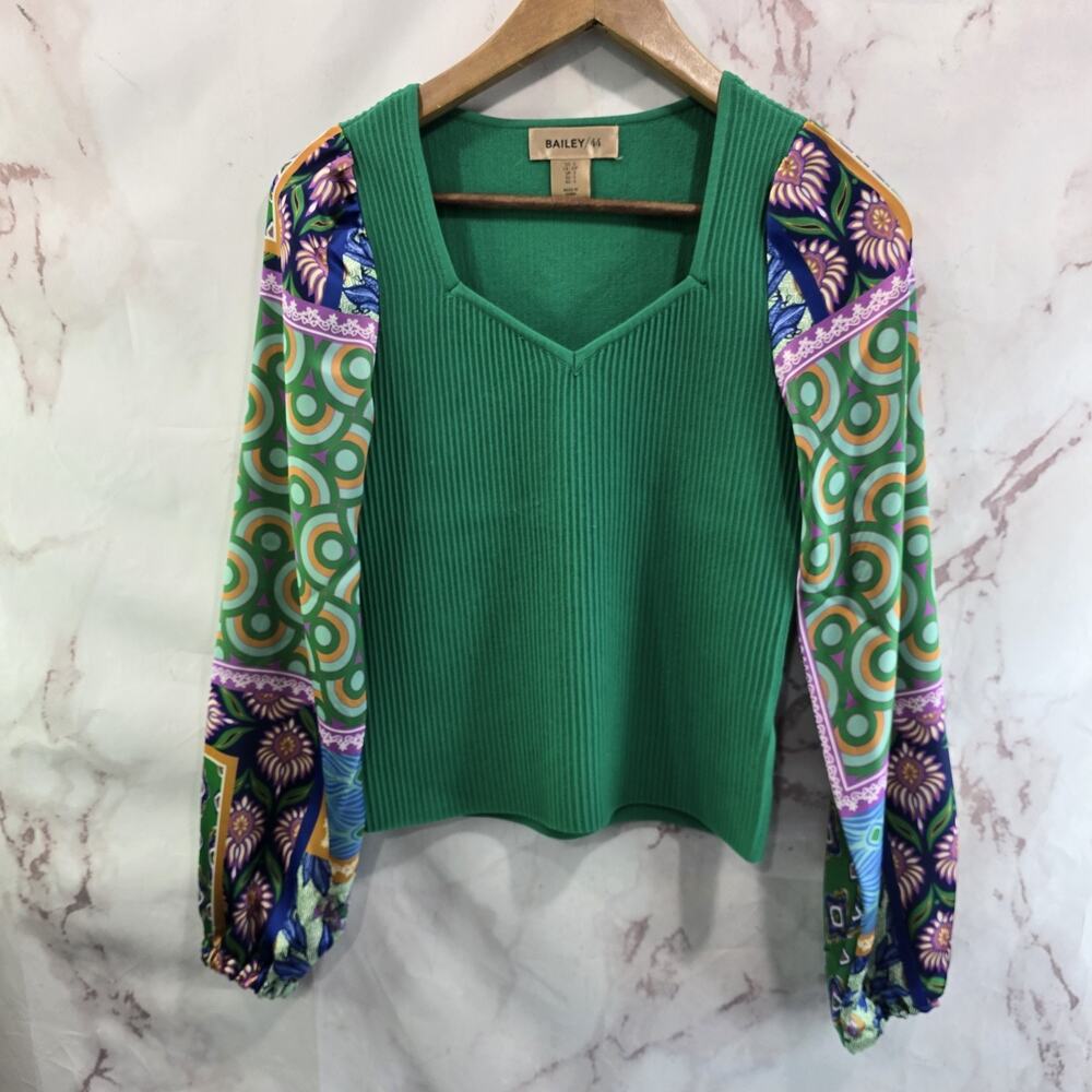 Bailey 44 Shirt Womens Small Green Ribbed Rib Patchwork Satin Kelly Disco 60s